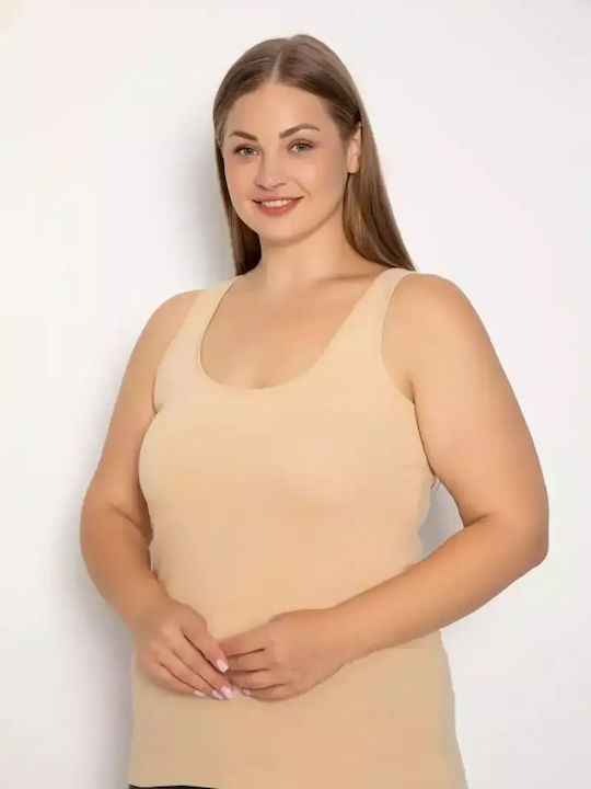Plus Size Αμάνικο Βαμβακερό Μπεζ Γυναικείο Φανελάκι