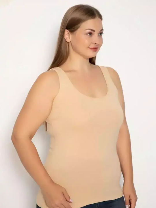 Plus Size Αμάνικο Βαμβακερό Μπεζ Γυναικείο Φανελάκι