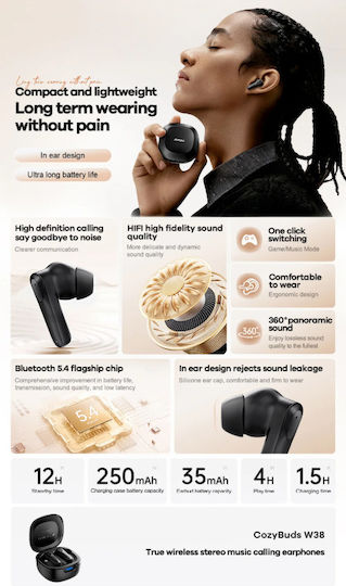 Remax Cozybuds W38 Bluetooth Handsfree Earphones with Sweat Resistance and Charging Case Black