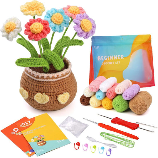 Complete Diy Crochet Set Beginners Advanced Accessories Yarn Tools Instructions Included Decorative Model Handmade Flower Pot Daisies Multicolor Brown