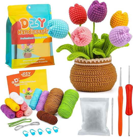 Set Complet de Croșetat DIY pentru Începători și Avansați Accesorii Fir Incluse Instrucțiuni Model Decorativ Ghiveci de Flori Lalele Multicolor