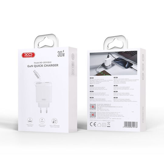 XO Ladegerät mit integriertem Kabel mit USB-A Anschluss und USB-C Anschluss USB-C 30W Stromlieferung Weißs (CE31)