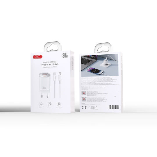 XO Charger with USB-A Port and USB-C Port and Cable USB-C - Lightning 30W Power Delivery Whites (CE21)