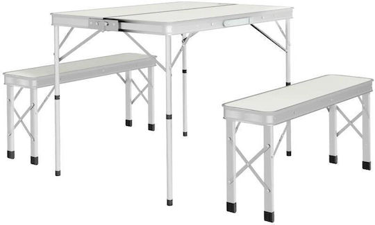 Set Mobilier Camping Grădină Pliabil 1 Masă 2 Bănci MDF Aluminiu Alb 90 Cm Frankfurt