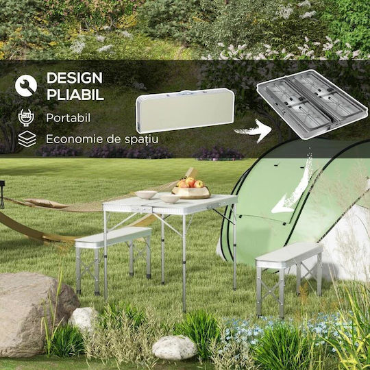 Set Mobilier Camping Grădină Pliabil 1 Masă 2 Bănci MDF Aluminiu Alb 90 Cm Frankfurt