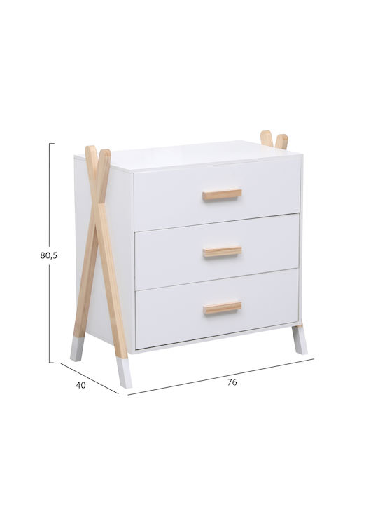 Kids Chest of Drawers White with 3 Drawers 76x40x80.5cm