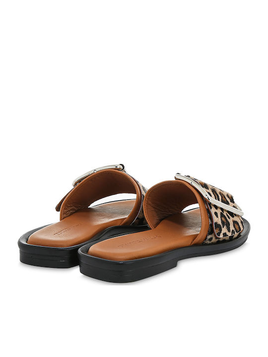 Leather Women's Flat Sandals in Tabac Brown Color