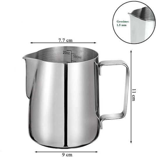 Cana din oțel inoxidabil pentru spumare lapte cu mâner Quasar Co. Cana pentru cappuccino cu cioc Bar Cana Barista 600 ml H 11 cm