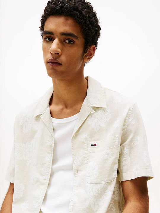 Short-sleeved Denim Shirt Floral Beige