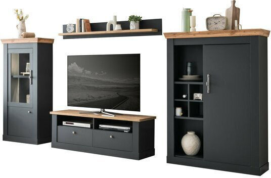 Wohnzimmer TV-Einheit Levbalu 102 Grey mit Vitrine & Beleuchtung