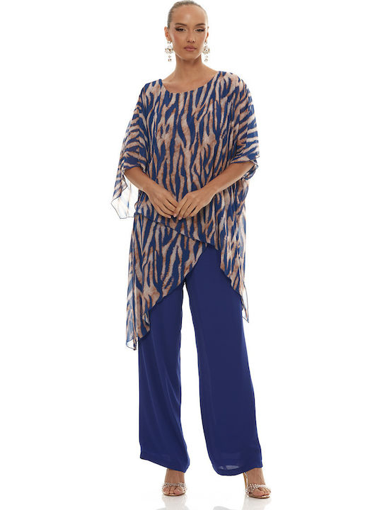 Damen Blau Set mit Hose Leopard