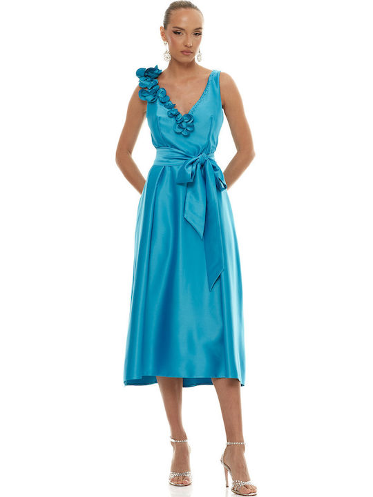 Rochie Midi de Vară pentru Nuntă Botez Satin Turcoaz