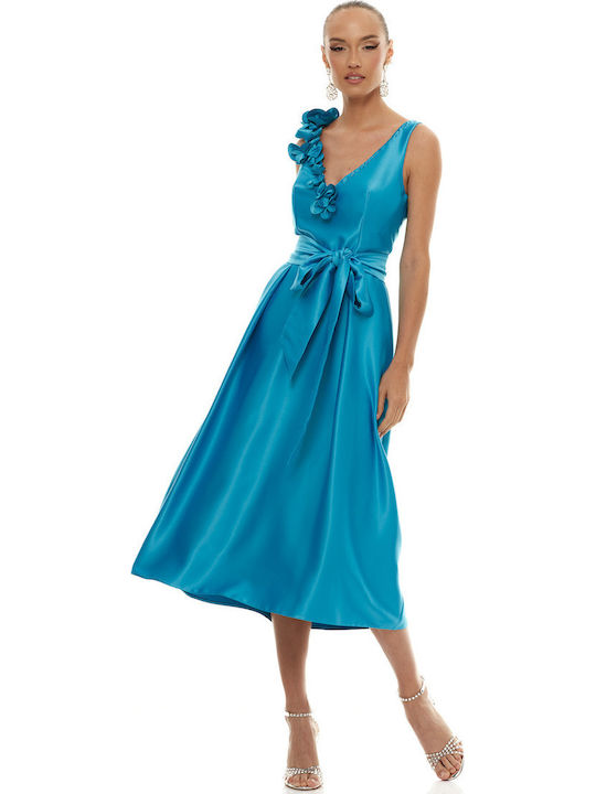 Rochie Midi de Vară pentru Nuntă Botez Satin Turcoaz