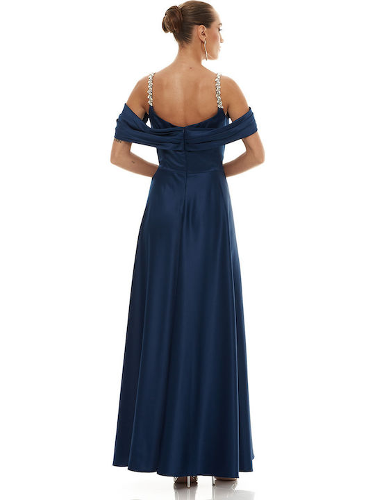 Summer Maxi Dress for Wedding - Christening Drape Satin Blue