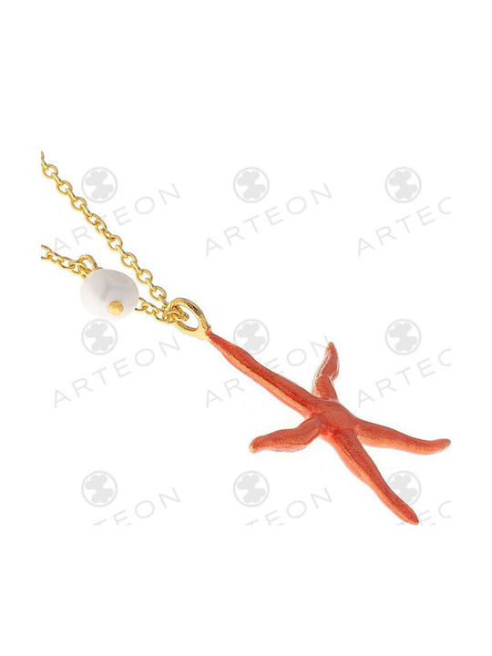 Arteon Star Design Necklace Made of Gold Plated Silver with Orange Pearls