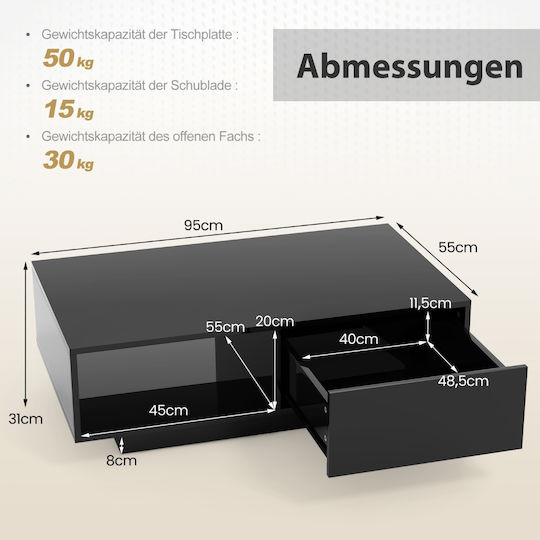 Rechteckiger Zentraler Kaffeetisch Aus Holz mit Schubladen Schwarz M100xL50xH45cm