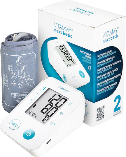 Tensiometru electronic de braț Vitammy Next Basic Power C include adaptor de alimentare, măsurare în timpul umflării manșetei, memorie pentru 2 utilizatori, husă de protecție, dimensiune manșetă 22-40 cm, alb