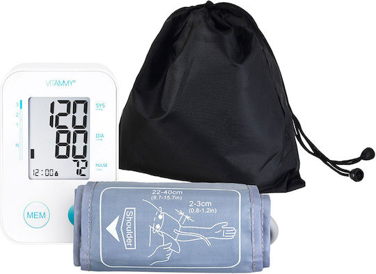 Tensiometru electronic de braț Vitammy Next Basic Power C include adaptor de alimentare, măsurare în timpul umflării manșetei, memorie pentru 2 utilizatori, husă de protecție, dimensiune manșetă 22-40 cm, alb