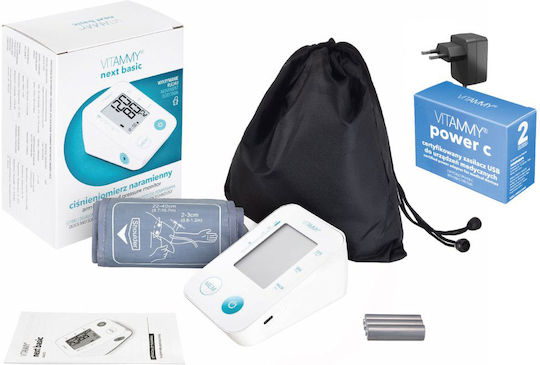 Tensiometru electronic de braț Vitammy Next Basic Power C include adaptor de alimentare, măsurare în timpul umflării manșetei, memorie pentru 2 utilizatori, husă de protecție, dimensiune manșetă 22-40 cm, alb