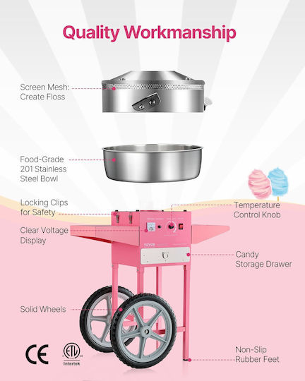 Vevor Commercial Cotton Candy Machine Cart 1000W Party