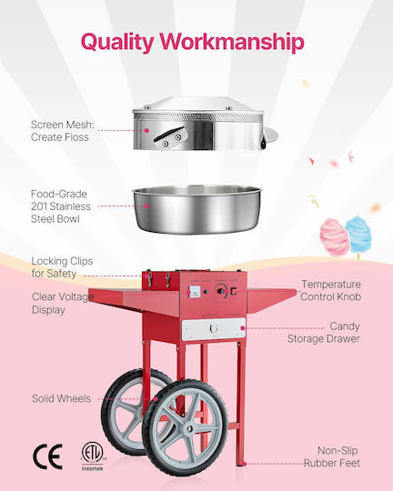 Vevor Commercial Cotton Candy Machine Cart 1000w Red