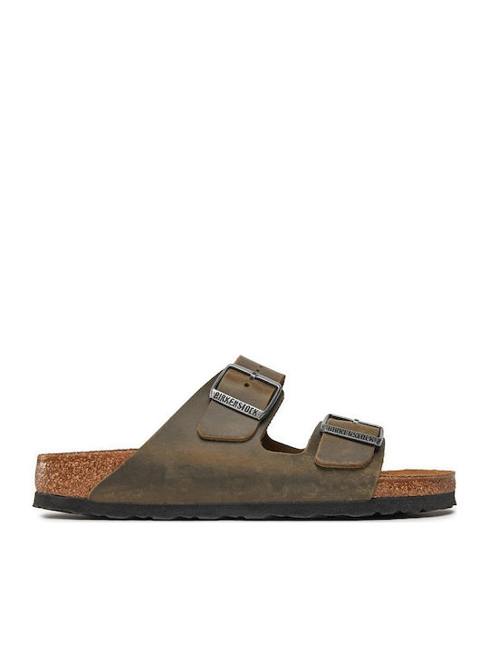 Arizona Δερμάτινα Γυναικεία Σανδάλια Χακί Narrow Fit