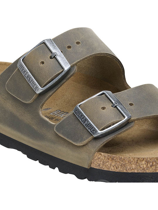 Arizona Δερμάτινα Γυναικεία Σανδάλια Χακί Narrow Fit