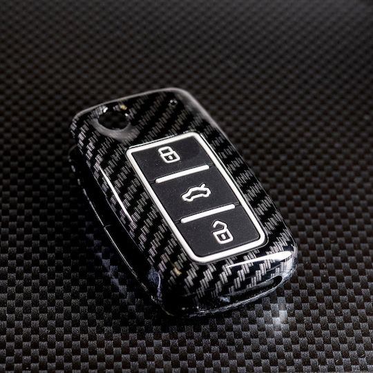 Carcasă de Protecție Cheie Premium Compatibilă cu Cheia Rabatabilă Volkswagen Polo Golf Passat Beetle Caddy Transporter T5 Tiguan Jetta 3 Butoane Aspect Carbon Luvlu