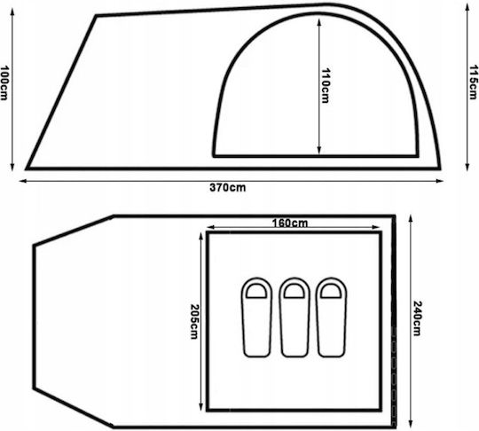 Iso Trade Camping Tent Tunnel Black 3 Seasons For 3 People 125cm
