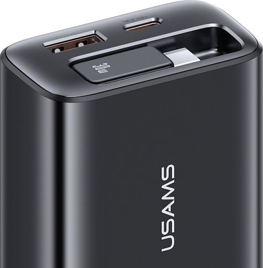 Usams Ladegerät mit integriertem Kabel GaN mit USB-A Anschluss und USB-C Anschluss USB-C 30W Stromlieferung Schwarzs (CC296)