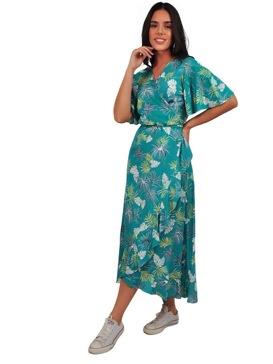 Summer Midi Dress Wrap with Ruffles Tropical Print