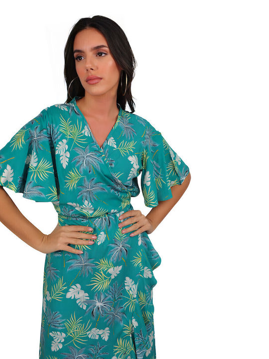 Summer Midi Dress Wrap with Ruffles Tropical Print