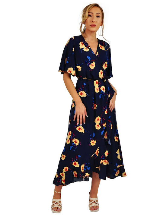 Summer Midi Dress Wrap with Ruffles Blue
