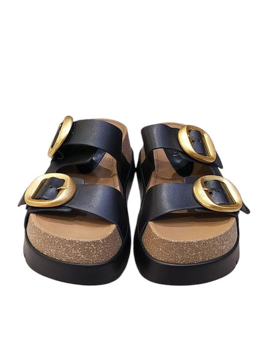 Leather Women's Flat Sandals Flatforms in Black Color