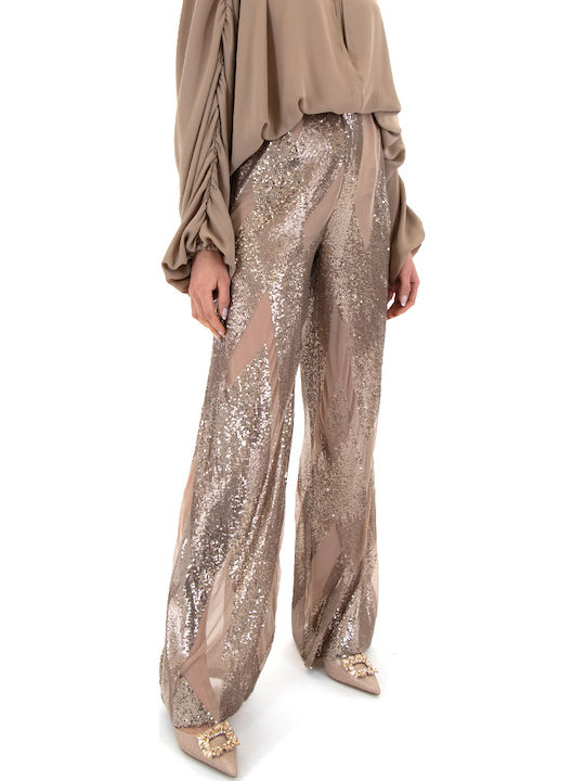 Women's Fabric Trousers with Elastic Straight Line Beige