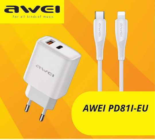 Awei Charger with USB-A Port and USB-C Port and Cable Lightning 22.5W Power Delivery Whites (PD81C)