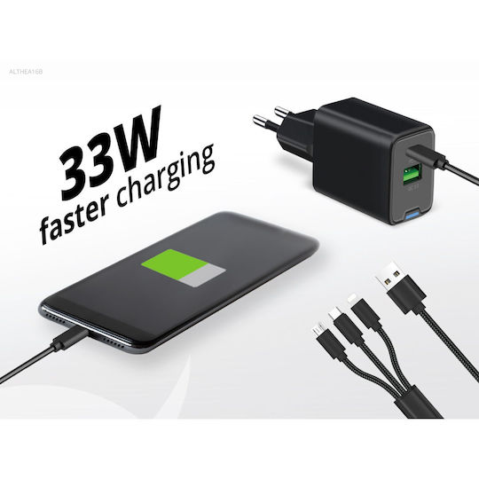 Conceptronic Φορτιστής με Θύρα USB-A και Θύρα USB-C 33W Power Delivery / Quick Charge 2.0 Μαύρος (ALTHEA16B)