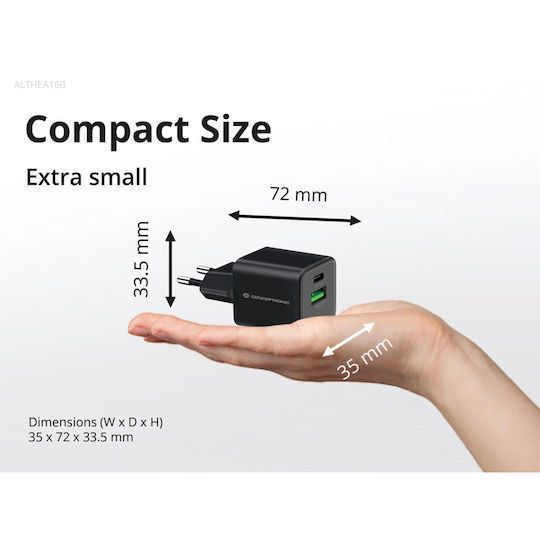 Conceptronic Φορτιστής με Θύρα USB-A και Θύρα USB-C 33W Power Delivery / Quick Charge 2.0 Μαύρος (ALTHEA16B)