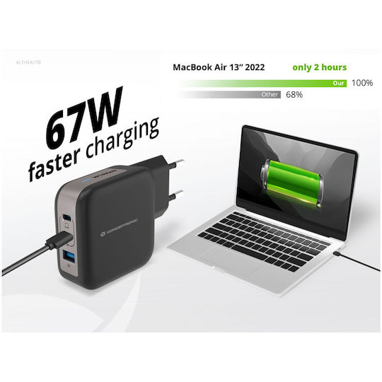 Conceptronic Φορτιστής με Θύρα USB-A και 2 Θύρες USB-C και Καλώδιο USB-C - USB-C 67W Power Delivery Μαύρος (ALTHEA17B)