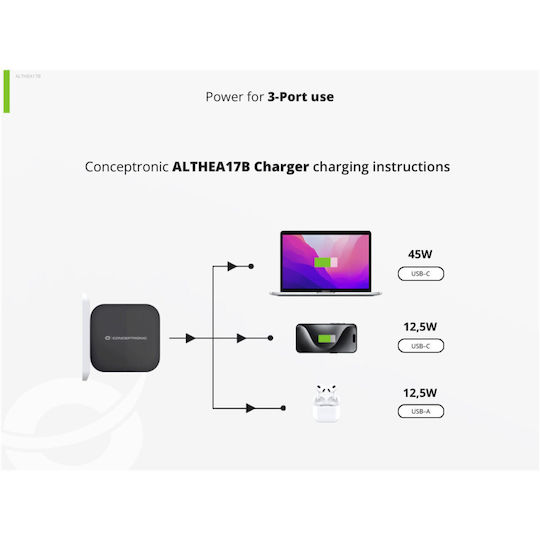 Conceptronic Φορτιστής με Θύρα USB-A και 2 Θύρες USB-C και Καλώδιο USB-C - USB-C 67W Power Delivery Μαύρος (ALTHEA17B)