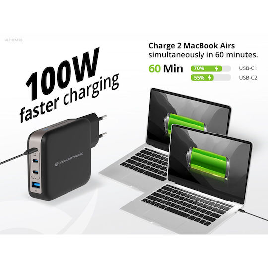 Conceptronic Φορτιστής GaN με Θύρα USB-A και 3 Θύρες USB-C και Καλώδιο USB-C - USB-C 100W Power Delivery / Quick Charge 3.0 Μαύρος (ALTHEA18B)