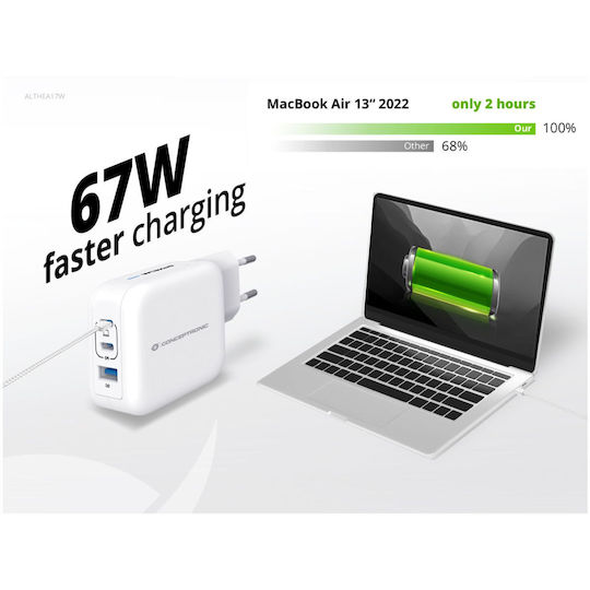 Conceptronic Φορτιστής GaN με Θύρα USB-A και 2 Θύρες USB-C και Καλώδιο USB-C - USB-C 67W Power Delivery Λευκός (ALTHEA17W)