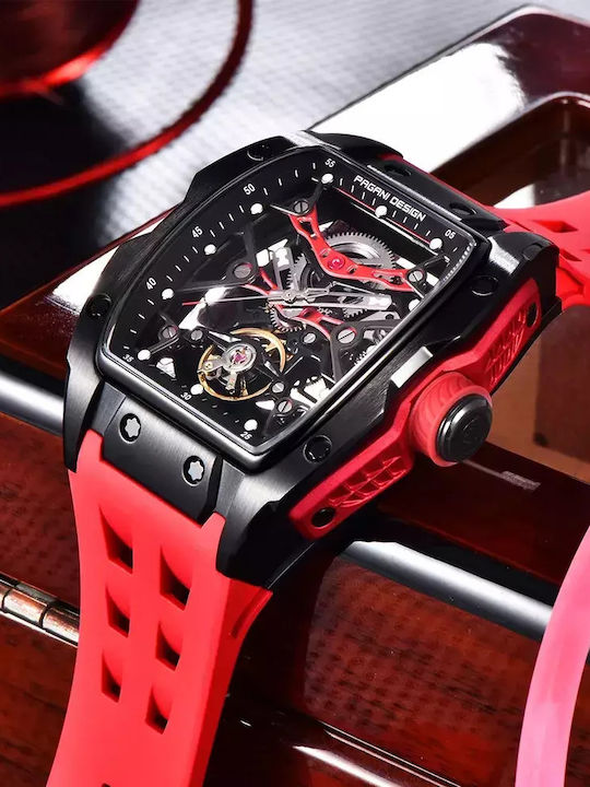 Pagani Design Ανδρικό Ρολόι 42mm Χρονογράφος Αυτόματο με Κόκκινο Καουτσούκ Λουράκι