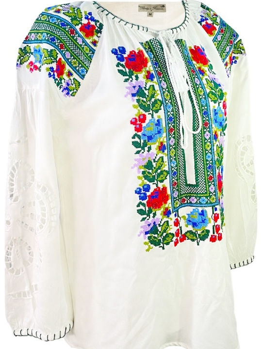 Bluza Damă Bumbac Mânecă Lungă Floral Alb Verde