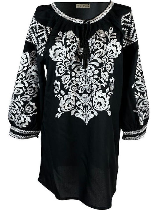 Damen Bluse Baumwolle Langärmelig Black/white