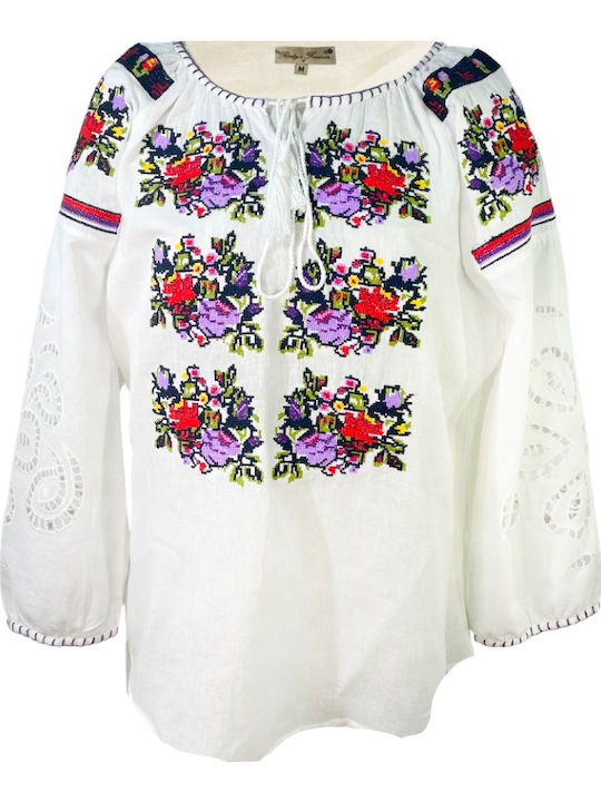 Bluze Damă Bumbac Mânecă Lungă Floral Alb Mov
