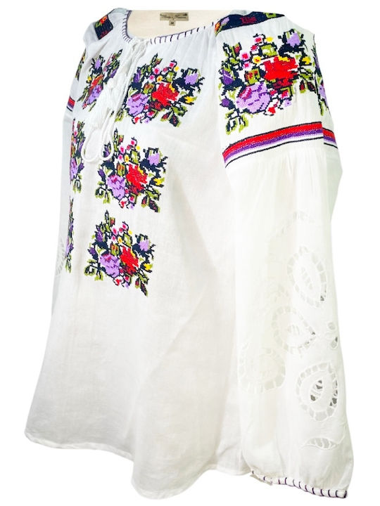 Bluze Damă Bumbac Mânecă Lungă Floral Alb Mov
