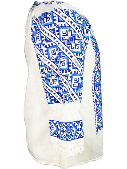 Bluze Damă Mânecă Lungă Bumbac Floral Alb/azur Albastru