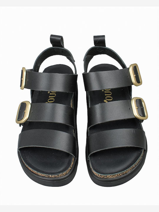 Leather Women's Flat Sandals in Black Color