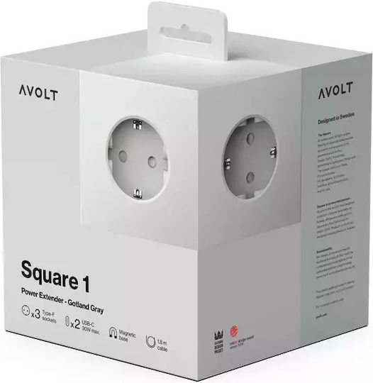 AVOLT Power Strip 2 Sockets with 2 USB-C Ports and 1.8m Gray Cable